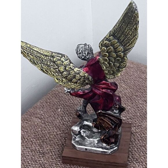The Christian World Pewter & Enamel St. Michael Archangel Statue on Wood Base - Picture 5 of 7